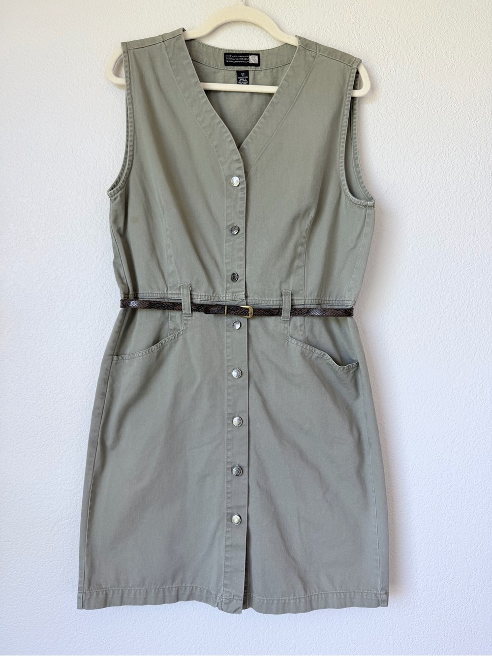 Gloria Vanderbilt Olive Cotton Button Front Utility Dress Belted Size M Pockets